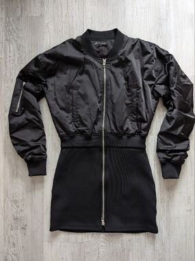 ZARA- Satin Bomber Top and Ponte Bottm Zip Dress- Black- Size M